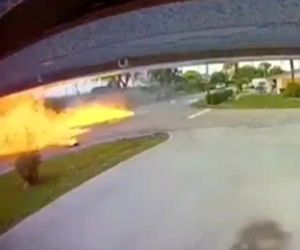 شکار لحظه برخورد هواپیما و خودرو در فلوریدا توسط دوربین مدار بسته