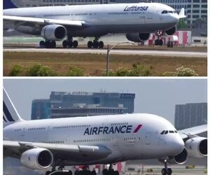 ویدویی از فرود دو هواپیمای چهار موتوره ایرباس، A340 و A380