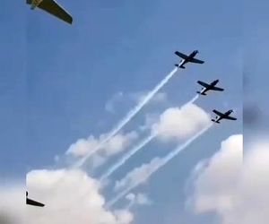 پرواز فورمیشن دو فروند ایرباس A340 خطوط هوایی آفریقای جنوبی با هواپیماهای نیروی هوایی این کشور