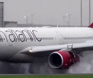 فرود ایرباس A330 شرکت هواپیمایی ویرجین آتلانتیک با استفاده از سیستم رانش معکوس در فرودگاه منچستر